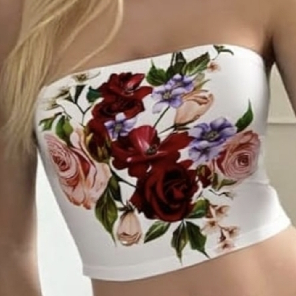 Floral Strapless Top - White with Red and Purple Flowers